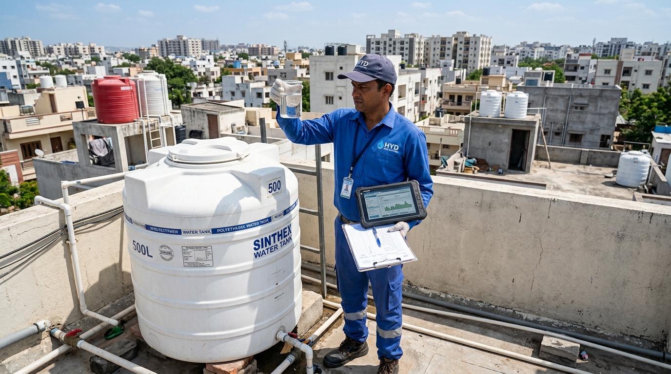 Technician inspecting water storage tank hygiene in Hyderabad