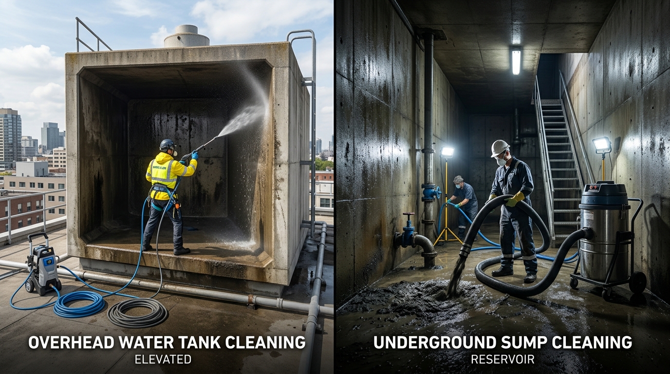 Overhead rooftop Sintex tank vs underground concrete sump cleaning in Hyderabad